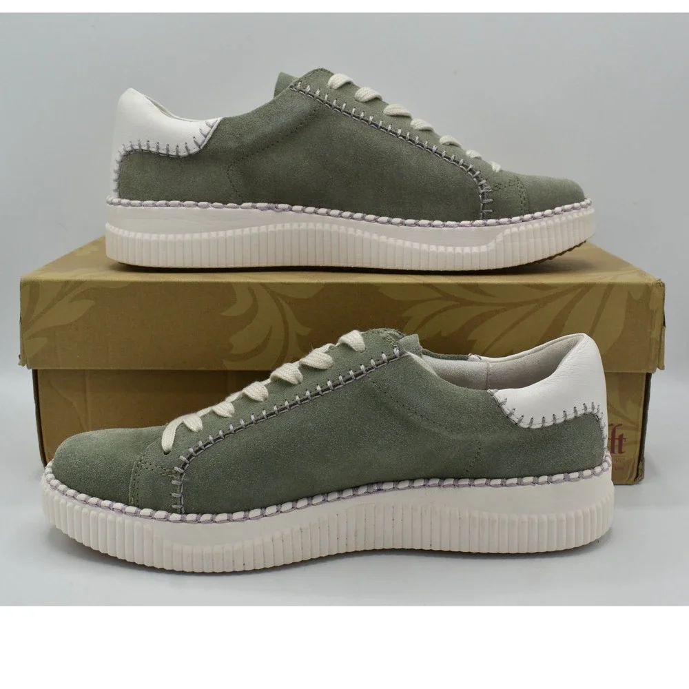 Sofft Frazier Sneaker Women 10 Hedge Green White Suede Platform Shoes NWB